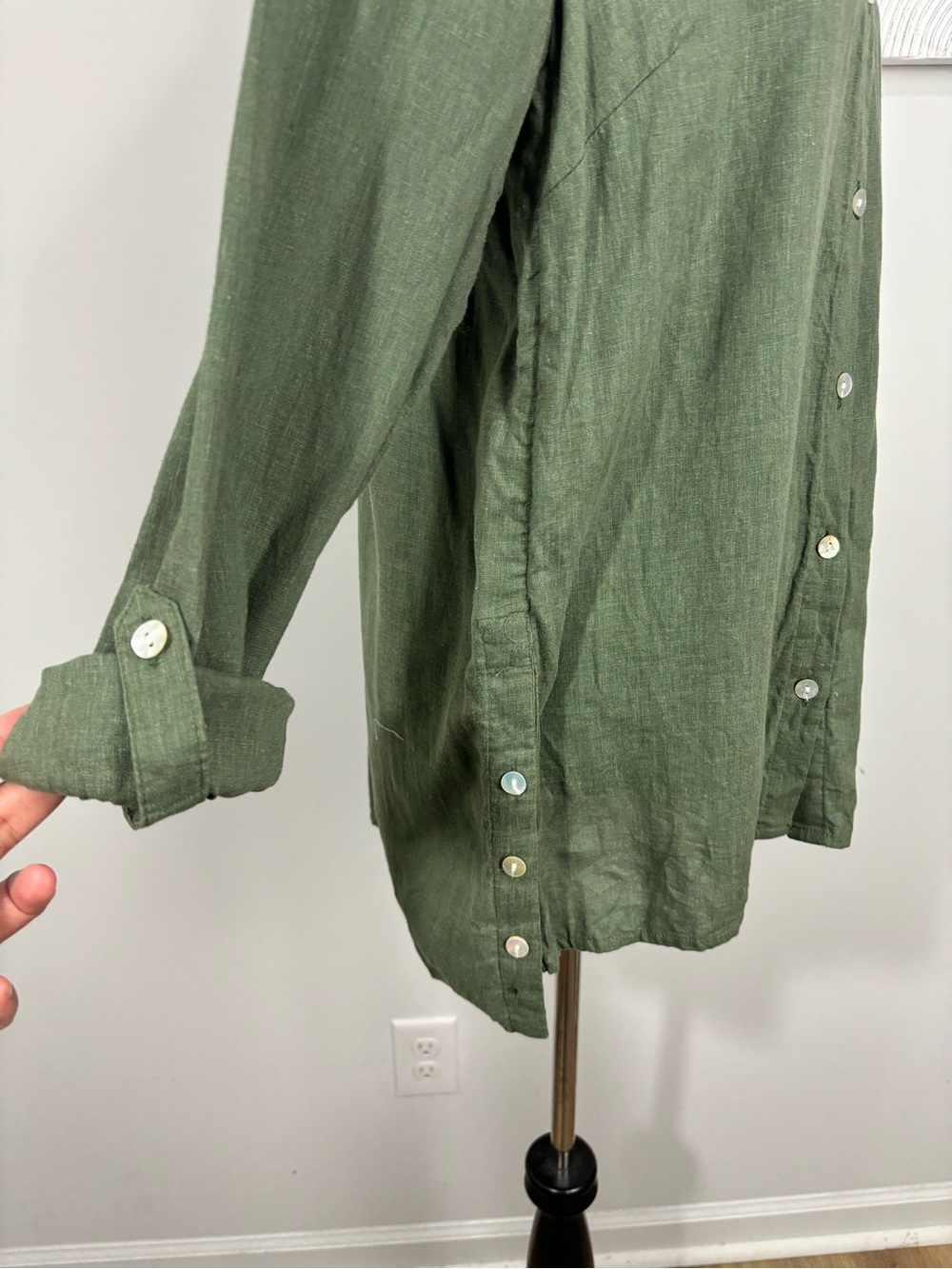 New Directions Women Large Green Linen Lyocell Tunic Roll Tab Sleeve Lightweight - Picture 3 of 11